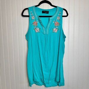 Whispers teal floral embroidered sleeveless tunic V-neck size 0X B22